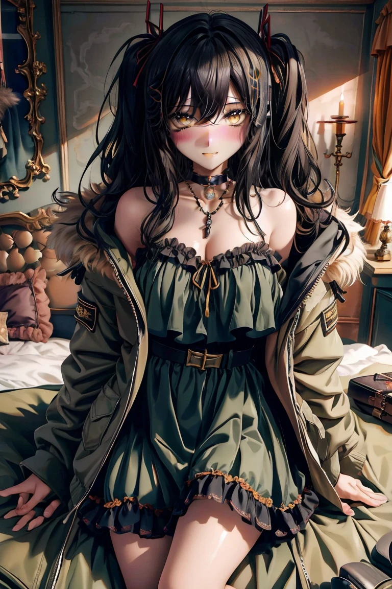 (masterpiece:1.2), (high quality:1.2), girls with((1girl, solo, black hair, yellow eyes, (wavy long hair, one side up, hairclips:1.3), blush, breasts, choker, cleavage, coat, cowboy shot, blue lace dress, ribbon waist belt, black ribbon belt, red bow, red ribbon, neck ribbon, collar, collarbone, rosary, rosary choker, cross, fur, fur trim, parka, khaki hoodie, green hoodie, khaki jacket, hood down, hooded coat, hooded jacket, hoodie, jacket, large breasts, long sleeves, medium breasts, open clothes, open coat,open hoodie, sleeveless, winter clothes, zipper, cleavage, upper body, hand up, waving, palm)), background with((bedroom, room:2.0))