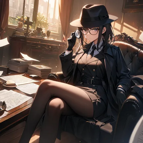 masterpiece, best quality, 8k,1 girl ( black trench coat, suit, skirt, fedora, glasses, cross-legged, sitting on sofa, necktie, ...