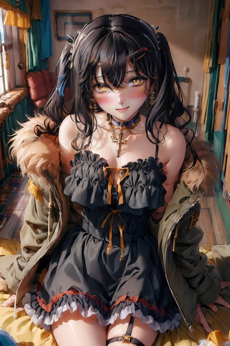 (masterpiece:1.2), (high quality:1.2), girls with((1girl, solo, black hair, yellow eyes, (wavy long hair, one side up, hairclips:1.3), blush, breasts, choker, cleavage, coat, cowboy shot, blue lace dress, camisole, ribbon waist belt, black ribbon belt, red bow, red ribbon, neck ribbon, collar, collarbone, rosary, rosary choker, cross, fur, fur trim, parka, khaki hoodie, green hoodie, khaki jacket, hood down, hooded coat, hooded jacket, hoodie, jacket, large breasts, long sleeves, medium breasts, open clothes, open coat,open hoodie, sleeveless, winter clothes, zipper, cleavage, upper body, hand up, waving, palm)), background with((bedroom, room:2.0))