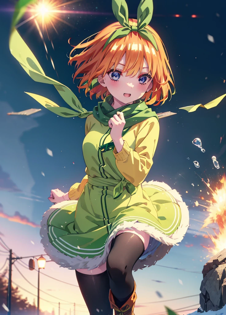 Yotsubanakano, Yotsuba Nakano, bangs, short hair, blue eyes, Hair between the eyes, hair ribbon, hair band, Orange Hair, (Green ribbon:1.5), smile,Green long coat,sweater,White scarf,Long skirt,Black pantyhose,short boots,It&#39;s snowing,Snow is piled up,Walking,whole bodyがイラストに入るように,
break ourdoors, Snow Country,
break looking at viewer, whole body,
break (masterpiece:1.2), Highest quality, High resolution, unity 8k wallpaper, (figure:0.8), (Beautiful attention to detail:1.6), Highly detailed face, Perfect lighting, Highly detailed CG, (Perfect hands, Perfect Anatomy),