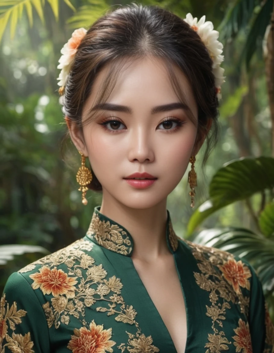 Una hermosa mujer asiática en una pose elegante., Lleva un vestido kebaya tradicional de Shanghai con cuello y un estampado floral adornado., Su rostro muestra detalles extremadamente detallados., hermosos ojos y labios, Pestañas largas, y una expresión serena, Adornado con elegantes joyas de oro, sobre un fondo de exuberante follaje tropical con suaves, iluminación cinematográfica, (mejor calidad,4k,8K,alta resolución,obra maestra:1.2),ultra detallado,(Realista,photoRealista,photo-Realista:1.37),hdr,HD,iluminación de estudio,Pintura ultrafina,enfoque nítido,renderizado basado físicamente,descripción detallada extrema,Profesional,colores vívidos, Extremely hdr, 