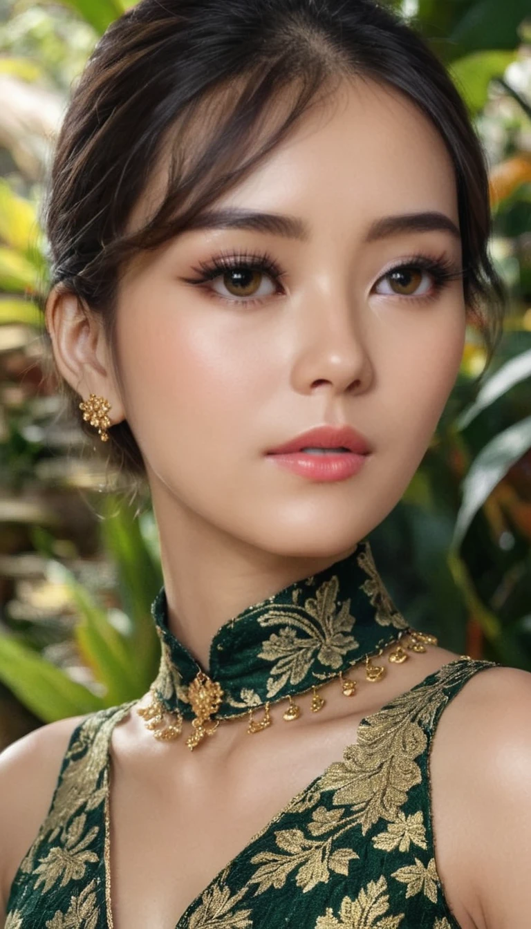 a beautiful asian woman in a graceful pose, wearing a traditional turtle neck kebaya dress with an ornate floral pattern, her face showcasing extremely detailed, beautiful eyes and lips, long eyelashes, and a serene expression, adorned with elegant golden jewelry, set against a lush tropical foliage background with soft, cinematic lighting, (best quality,4k,8k,highres,masterpiece:1.2),ultra-detailed,(realistic,photorealistic,photo-realistic:1.37),HDR,UHD,studio lighting,ultra-fine painting,sharp focus,physically-based rendering,extreme detail description,professional,vivid colors, Extremely HDR, 