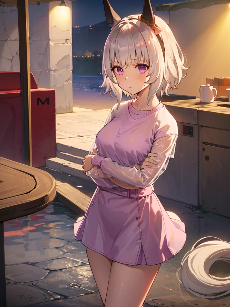 A wet and transparent shirt,(Unbroken body),(Perfect body structure),(arms two),(legs two),highest quality, 4K, (High resolution:1.3) masterpiece, 1.2, Super detailed, HDR, Studio Lighting, Sharp Focus, Bright colors, Portrait, Warm tones, Soft Lighting,white hair、Pink Eyes、