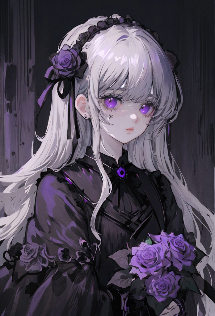 Girl, sadness, fear, depressing, light gray hair, black gradient, purple roses, horror, masterpiece 1.4, detailed 