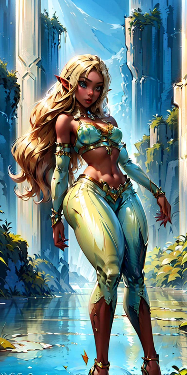 Extremely detailed Artgerm style: This sets the overall artistic style with a high level of detail. Fantasy art: This specifies the genre. Goddess of the green forest: This defines the character's role and gives context to the setting. Woman with long, elf ears: This incorporates the elf features. Black skin: This specifies the character's race. Ornate bikini armor: This combines the skimpy clothing with a fantastical, protective element. Blue high heels standing straight symmetrical: This suggests the color of the bikini and potentially the water body. Long, messy blonde hair: This adds a detail that contrasts the Artgerm style, which is typically more polished for hair.