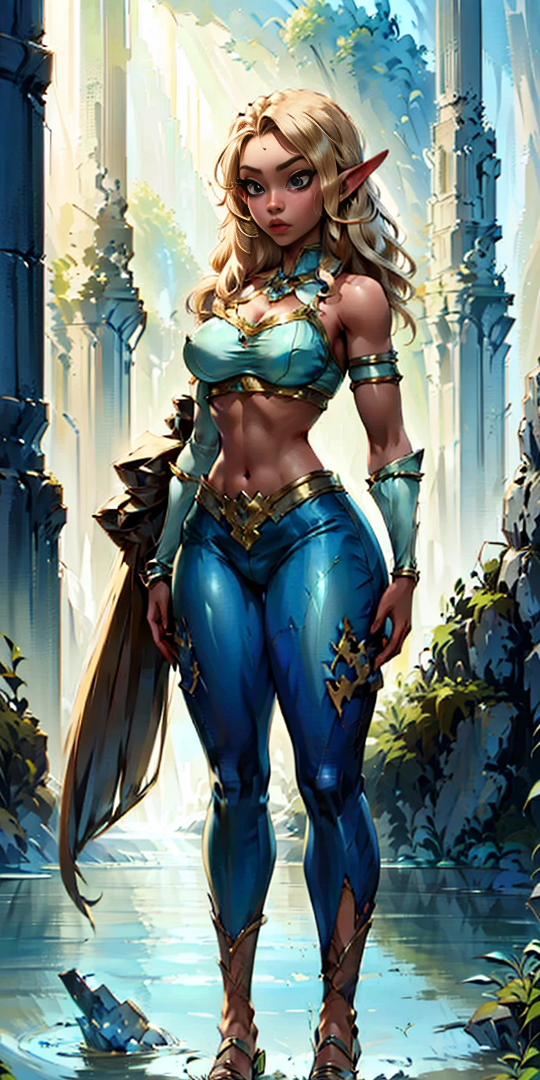 Extremely detailed Artgerm style: This sets the overall artistic style with a high level of detail. Fantasy art: This specifies the genre. Goddess of the green forest: This defines the character's role and gives context to the setting. Woman with long, elf ears: This incorporates the elf features. Black skin: This specifies the character's race. Ornate bikini armor: This combines the skimpy clothing with a fantastical, protective element. Blue high heels standing straight symmetrical: This suggests the color of the bikini and potentially the water body. Long, messy blonde hair: This adds a detail that contrasts the Artgerm style, which is typically more polished for hair.