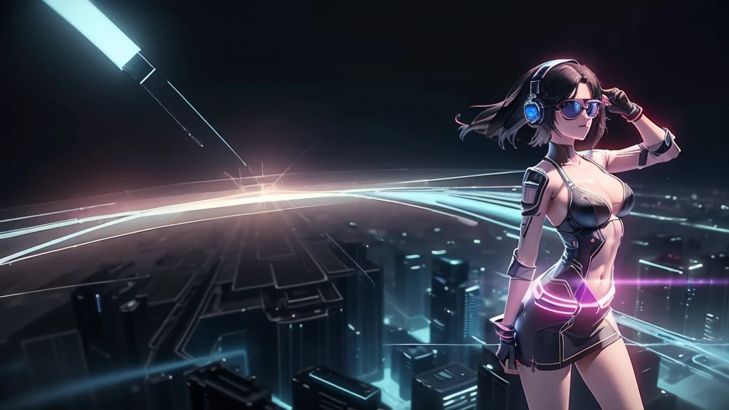 ((An aerial view of a futuristic megalopolis at dark night)), with skyscrapers reaching the clouds and flying cars driving through aerial highways. (1girl, solo, alone, photorealistic), medium-breast:1.1 slim body, cleavage, sexy clothes, (headphone, black sunglasses, medium black hair), (standing and holding pistol pose), (((half-body thigh level medium shot))), cinematic lighting, lens flare, ray tracing.