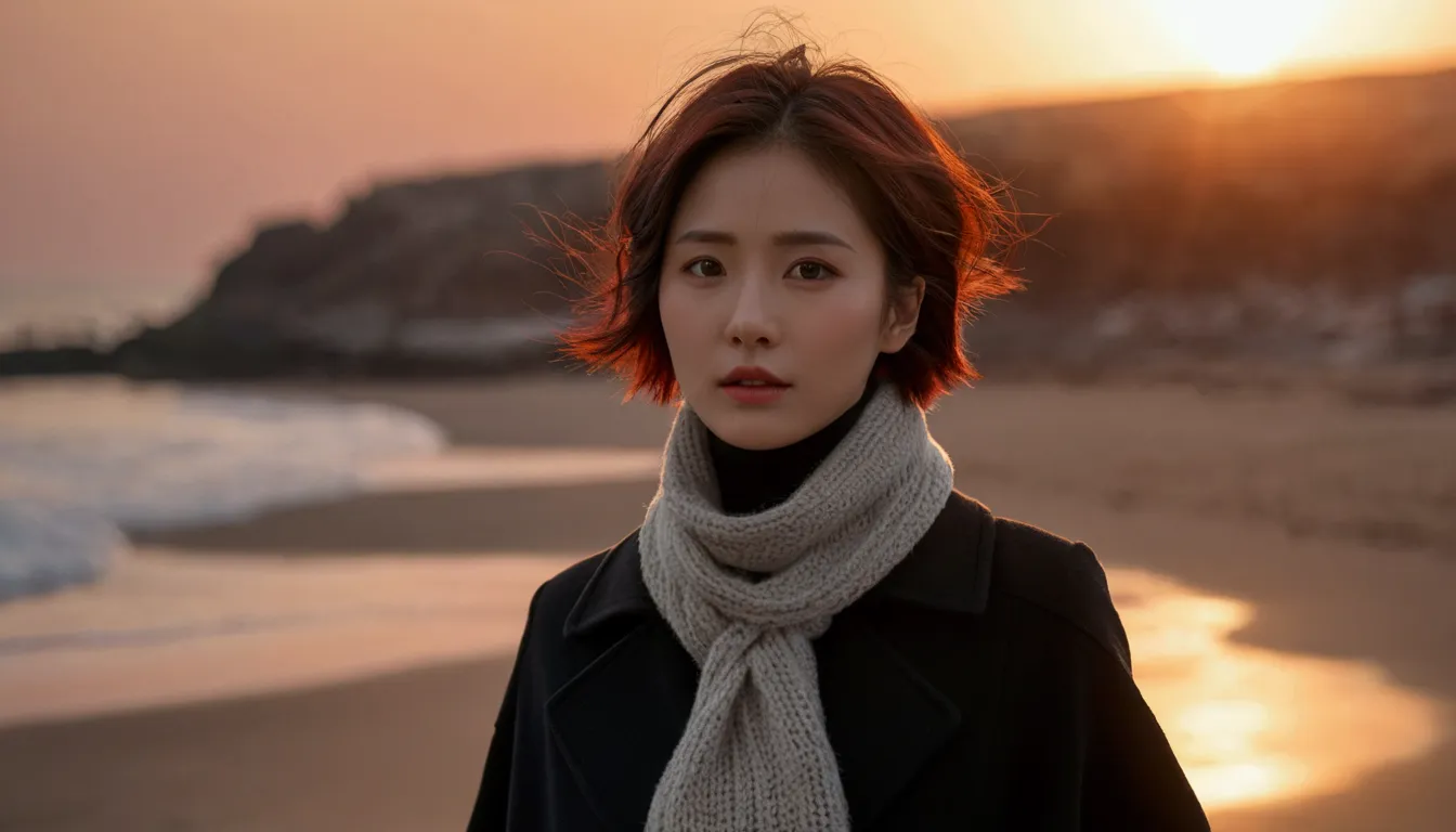 8k, 超high resolution, best quality, masterpiece, 1 woman, (36 years old:1.3), korean woman,(wearing a long winter coat and scarf...