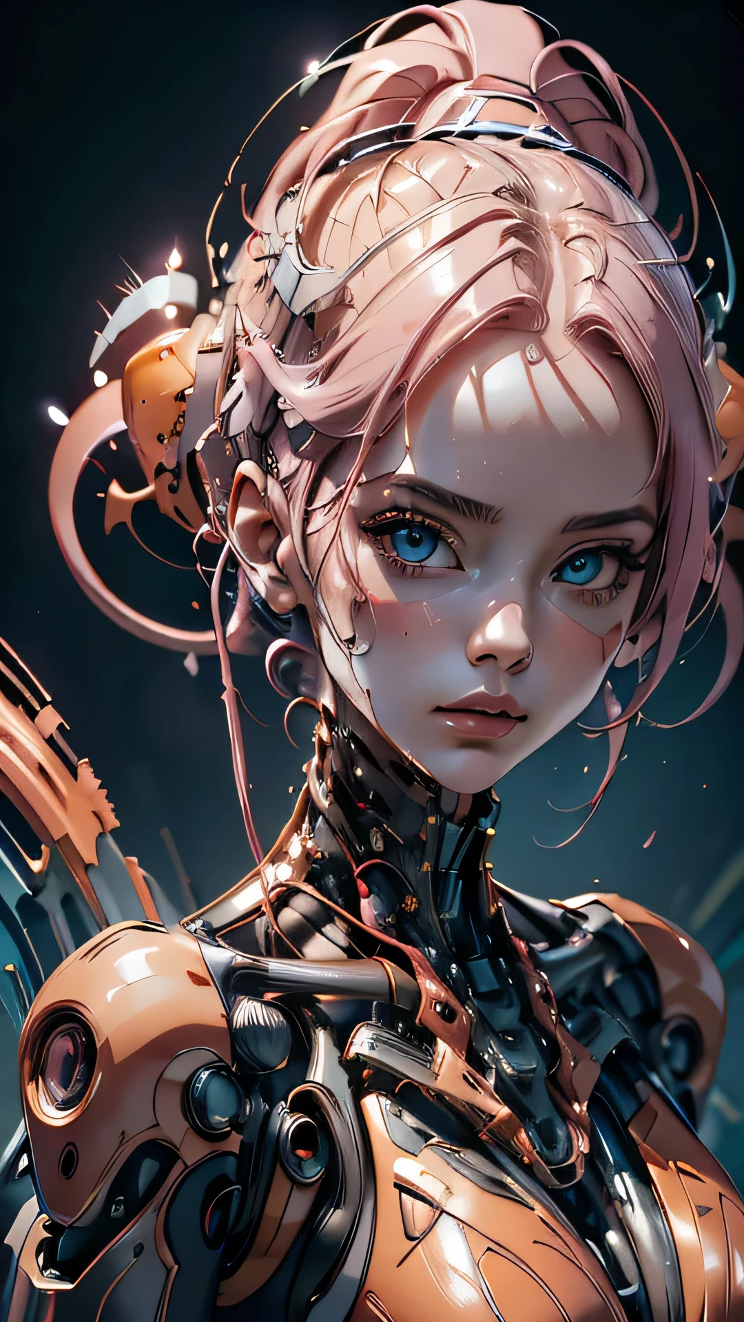 in a mechanc frame,complete_body_shot,photorealistic, 1girl, solo,fit, small breasts,athletic flexible,((Masterpiece)), (Best Quality),(highly accurate drawing in every detail)(extremely precise representation)full_body_portrait,dark mechanic future vibe, a stunning black pink sexy biomechanic alien girl with big eyes, tentacles and magenta colored skin dressed in bio-organic-space suit with several glowing markings and nozzles,hoes and mechanic parts and accessoires(helmet) posing cool. 