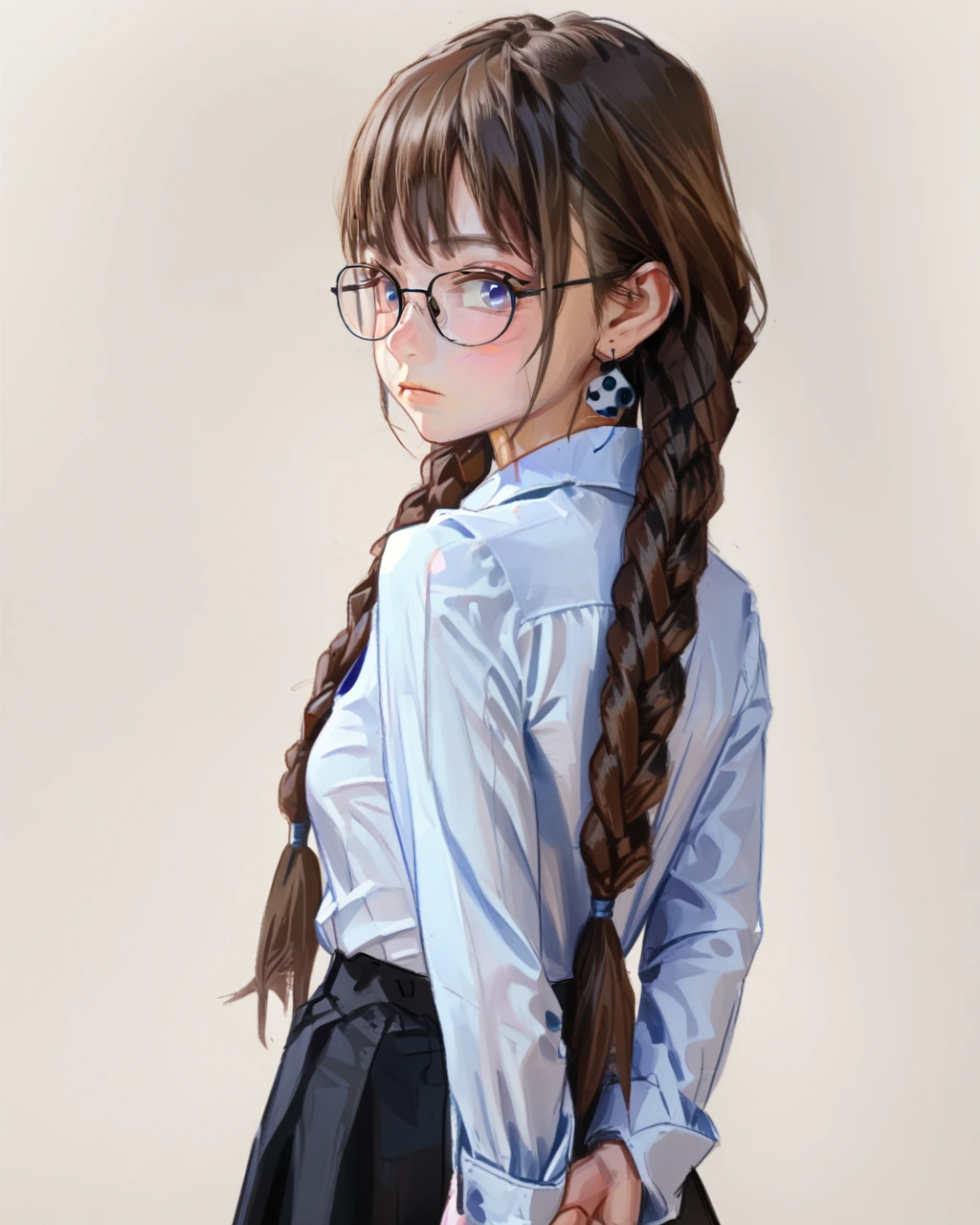 masterpiece,best quality,4K,8K,teenage,oil painting \(medium\),fkey70,
1girl,solo,arm behind back,arms at sides,looking at viewer,
standing,brown hair,
braids,earrings,blue eyes,glasses,
collared shirt,long sleeves,black skirt,
simple background,
upper body,