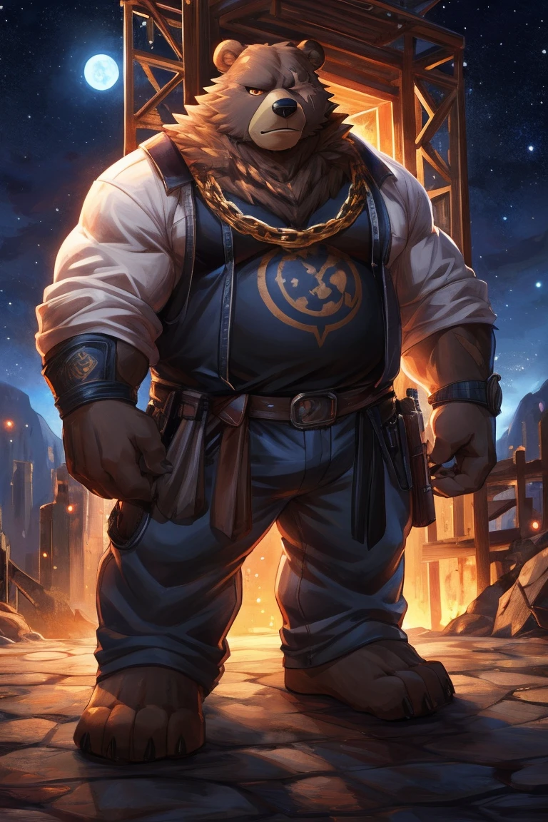 human nature, Wildlife, male,36 years old，Uncle， solitary, ((Round Face, The face is plump,Orange eyes,thick brown hair，Furry little ears with scars)), ((Endomorph, Handsome的，Hot Blood)), （construction worker，White architectural clothing), ((domestic brown bear, Bear Orc，) Fluffy fur, Fluffy), Bokeh, (high quality, high resolution, masterpiece), (Dynamic Lighting, Vibrant colors，Natural fill light), (Revitalize，Handsome，), Full body picture (close up), cartoon, author：Takemoto Arashi, From zixiong, By Chunni, author：Empty Ghost，moonlight，Cliff Edge，Leaning against the building，Night，Invite the other ，Beautiful starry sky，（background：moonlight的Cliff Edge）