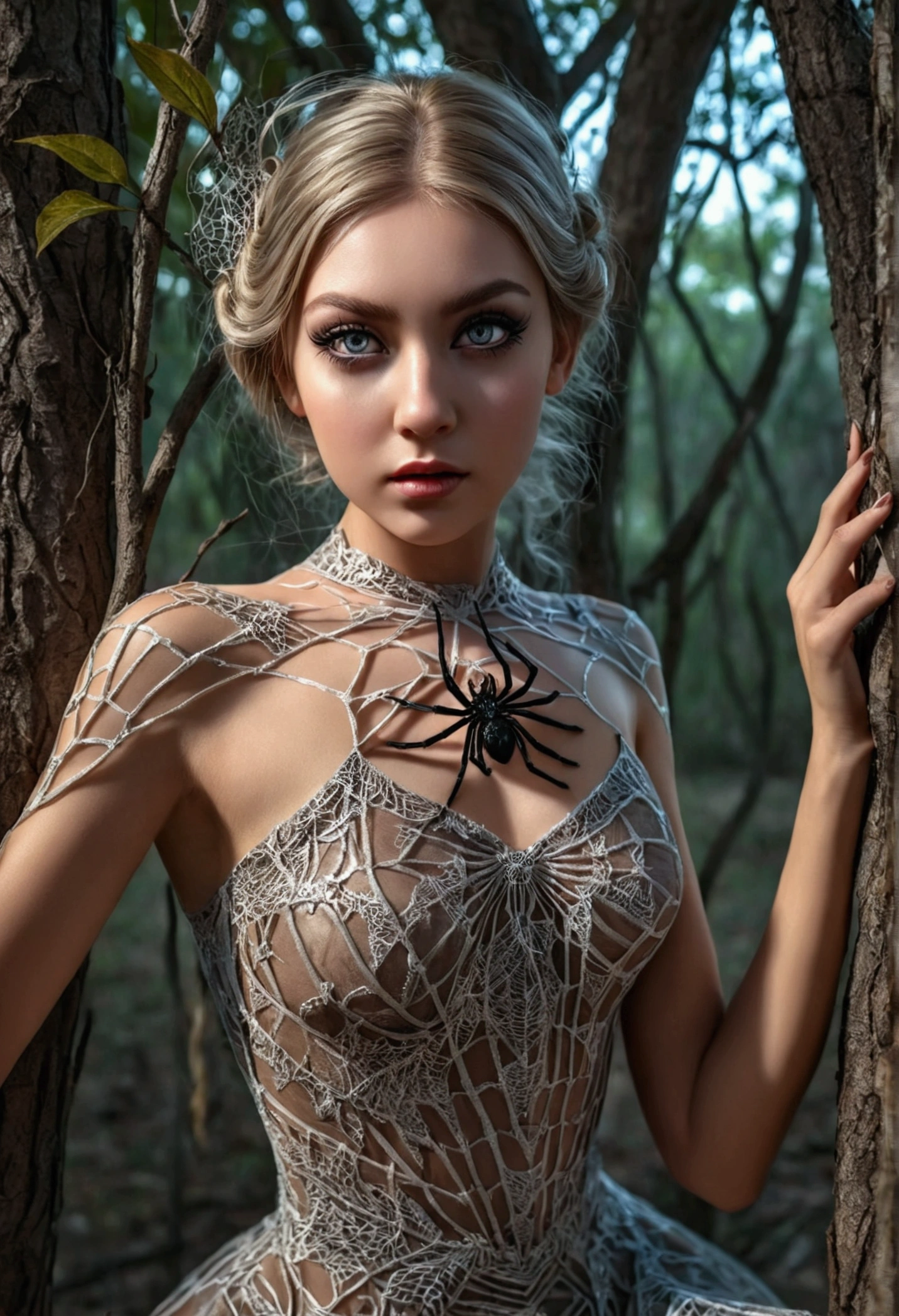 a beautiful spider girl, 1girl, detailed face, beautiful eyes, long eyelashes, elegant spider silk dress, spider web motifs, crawling on a tree branch, surreal fantasy, intricate details, cinematic lighting, dramatic shadows, highly detailed, hyper realistic, photorealistic, 8k, detailed texture, vibrant colors, atmospheric, moody, dark fantasy