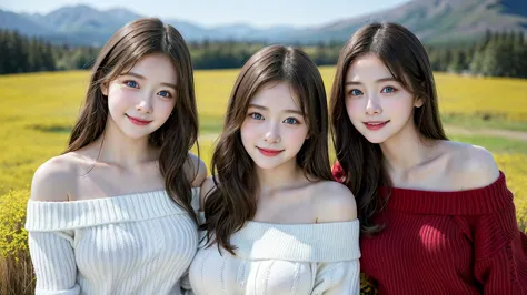 (3 girls), young faceอินโดนีเซีย, 12 years,smile, white skin, round breast, blue eyes,((wear a red off-the-shoulder sweater that...