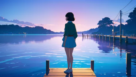 anime girl standing on a dock looking at the water, lofi girl, style in ghibli anime, retro anime girl, ilya kuvshinov landscape...