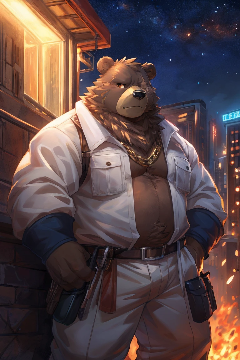 human nature, Wildlife, male,36 years old，Uncle， solitary, ((Round Face, The face is plump,Orange eyes,thick brown hair，Furry little ears with scars)), ((Endomorph, Handsome的，Hot Blood)), （construction worker，White architectural clothing), ((domestic brown bear, Bear Orc，) Fluffy fur, Fluffy), Bokeh, (high quality, high resolution, masterpiece), (Dynamic Lighting, Vibrant colors，Natural fill light), (Revitalize，Handsome，), Full body picture (close up), cartoon, author：Takemoto Arashi, From zixiong, By Chunni, author：Empty Ghost，moonlight，Cliff Edge，Leaning against the building，Night，Invite the other ，Beautiful starry sky，（background：moonlight的Cliff Edge）