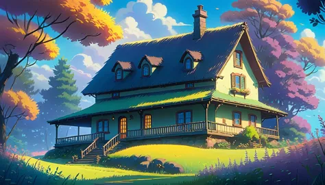 a cartoon picture of a house, mellow, mood painting, moody :: studio ghibli, cartoon moody scene, colorful mood, meadow, great f...