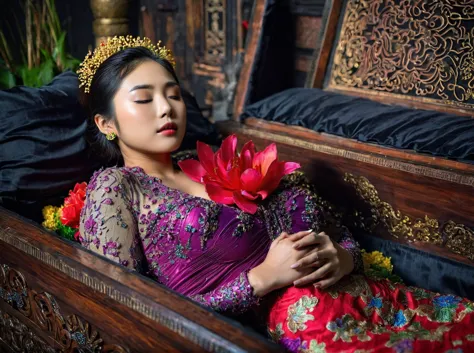 In a striking 8K HDR scene, a stunning Korean woman, 22 years old, lies peacefully in a black coffin surrounded by plush pillows...