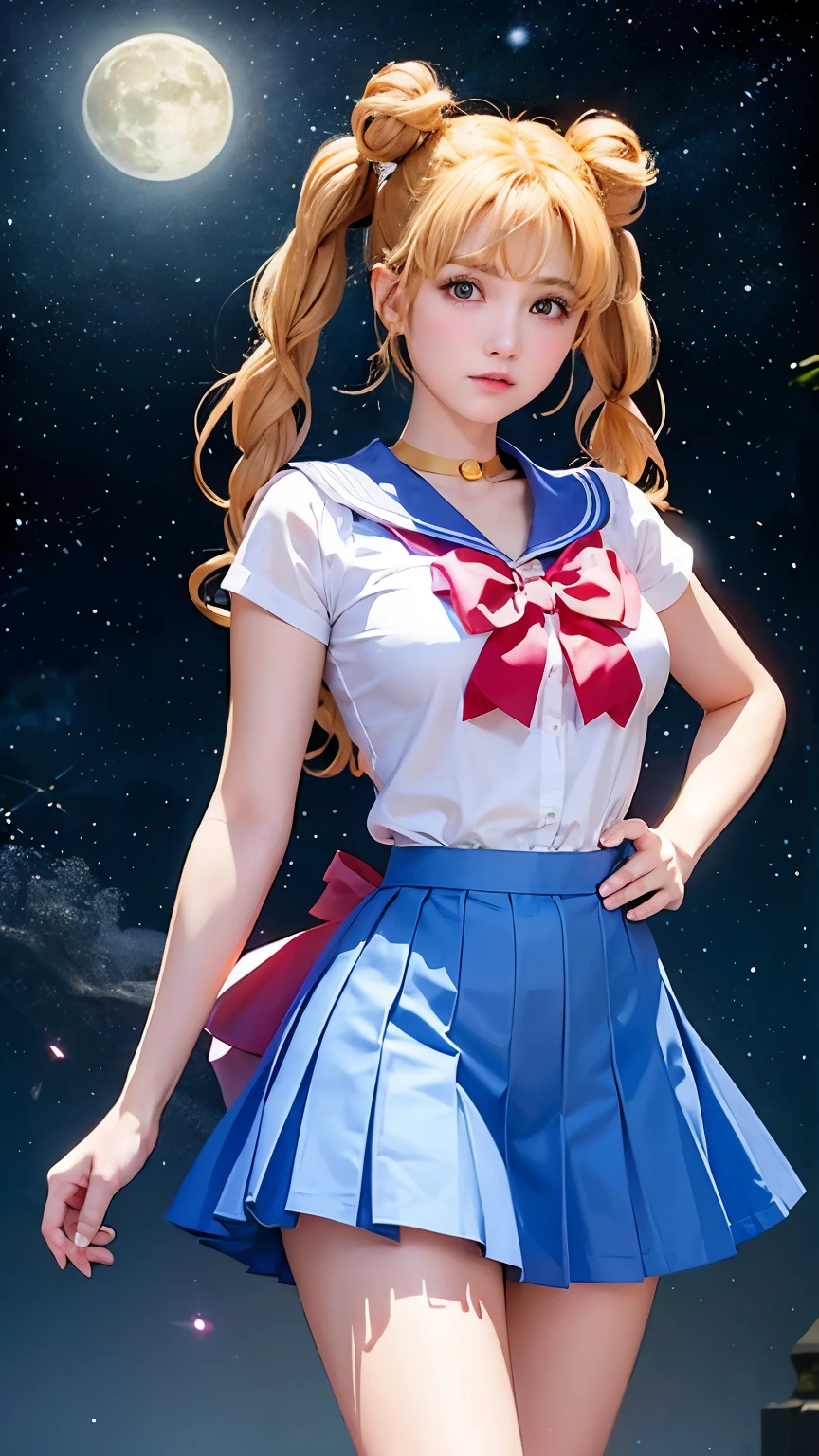 "Create an image of Usagi Tsukino from Sailor Moon. She should be depicted in her iconic sailor uniform with a white and blue collar, a red bow on her chest, a blue skirt, and white glove. Her long blonde hair is styled in twin buns with pigtails, and she has blue eyes. She should have a cheerful and determined expression, standing in a heroic pose with one hand on her hip and the other hand pointing forward. The background should be a starry night sky with a full moon."