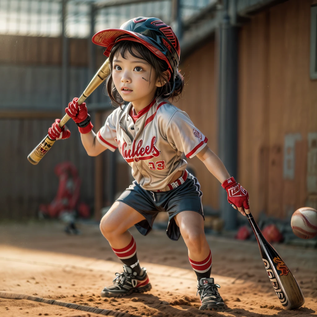 Elementary school girl baseball player、Baseball bat、Baseball uniforms、Helmet/Baseball cap、Jockstrap/Undershirt/Shorts、gloves/Baseball Mitts、(Highest quality、4K、8K、High resolution、masterpiece:1.2)、Super detailed、(Real、Photorealistic、Photorealistic:1.37)、Detailed portrait、Highly detailed face、Intricate details、Dynamic action poses、Cinematic lighting、Bright colors、Sports action scene、Warm colors、Chiaroscuro Lighting、Dramatic Shadows、Photorealisticなレンダリング