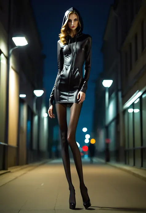 skinny tall, skinny narrow girl. длинные тонкие ноги in heels с платформой. wearing full body black pantyhose nude body hood. on...