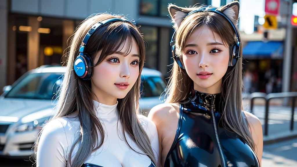 Highest quality, Ultra-high resolution, (Realistic:1.4),masterpiece,1 Girl, Nogizaka,(Attractive body:1.0) ,(City in Ruins), (Large Breasts),(Pink bodysuit),((animal ear headphones)),(Shiny clothes),Twin tails,(Latex bodysuit),(Rubber suit),shoes,(Cleavage),(thin),((Gray Hair)),(Silver Hair),(Gray Hair),((Red Eyes)),(Looking at the audience),(smile),(Long Hair),Browsing Caution,Depth of written border,Detailed aspect, Shiny skin, Nice fine detail, Heavy eye makeup, Slim waist, blush, Detailed eye makeup,Perfect Anatomy,