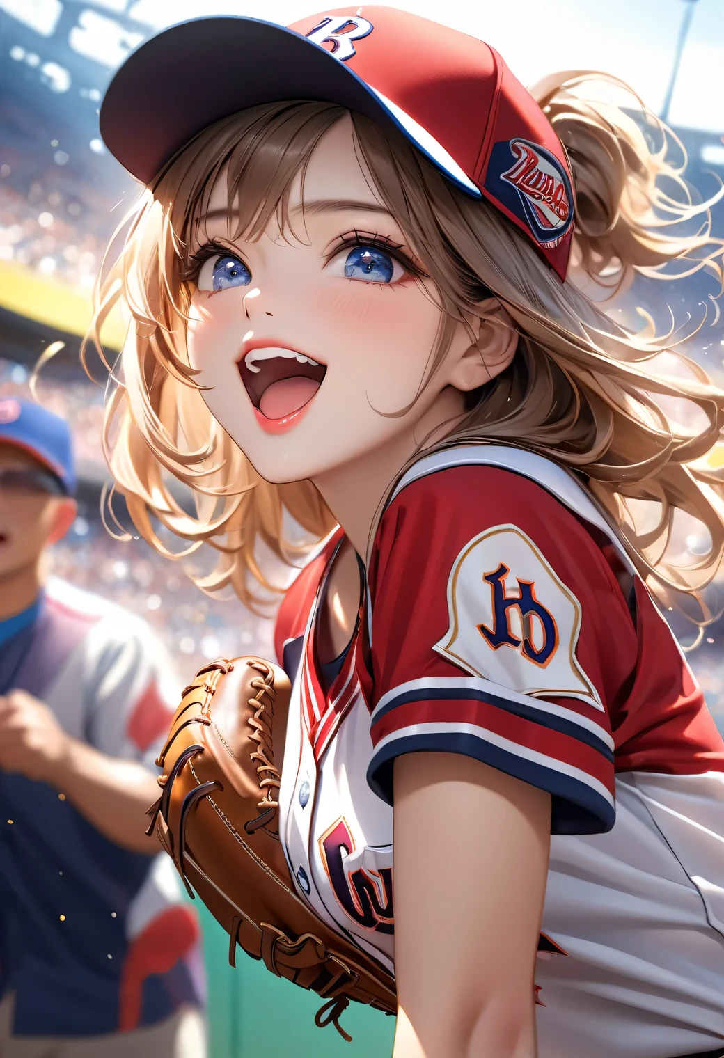 at  baseball stadium, beautiful cute girl baseball player, in gorgeous and cute baseball uniform, short shorts, medium breasts, pitcher throwing dynamically on the pitcher's mound, detailed baseball glove, Pump fists with a smug face, beautiful detailed eyes, beautiful detailed lips, extremely detailed face, long eyelashes, enthusiastic support from the audience , (highest quality,16k,highres,masterpiece:1.2),ultra-detailed,(ultra-realistic,photo-realistic:1.37),HDR,UHD,studio lighting,ultra-fine painting,sharp focus,physically-based rendering,extreme detail description,professional,vivid colors,bokeh,sports photography,dynamic action,dramatic lighting, 