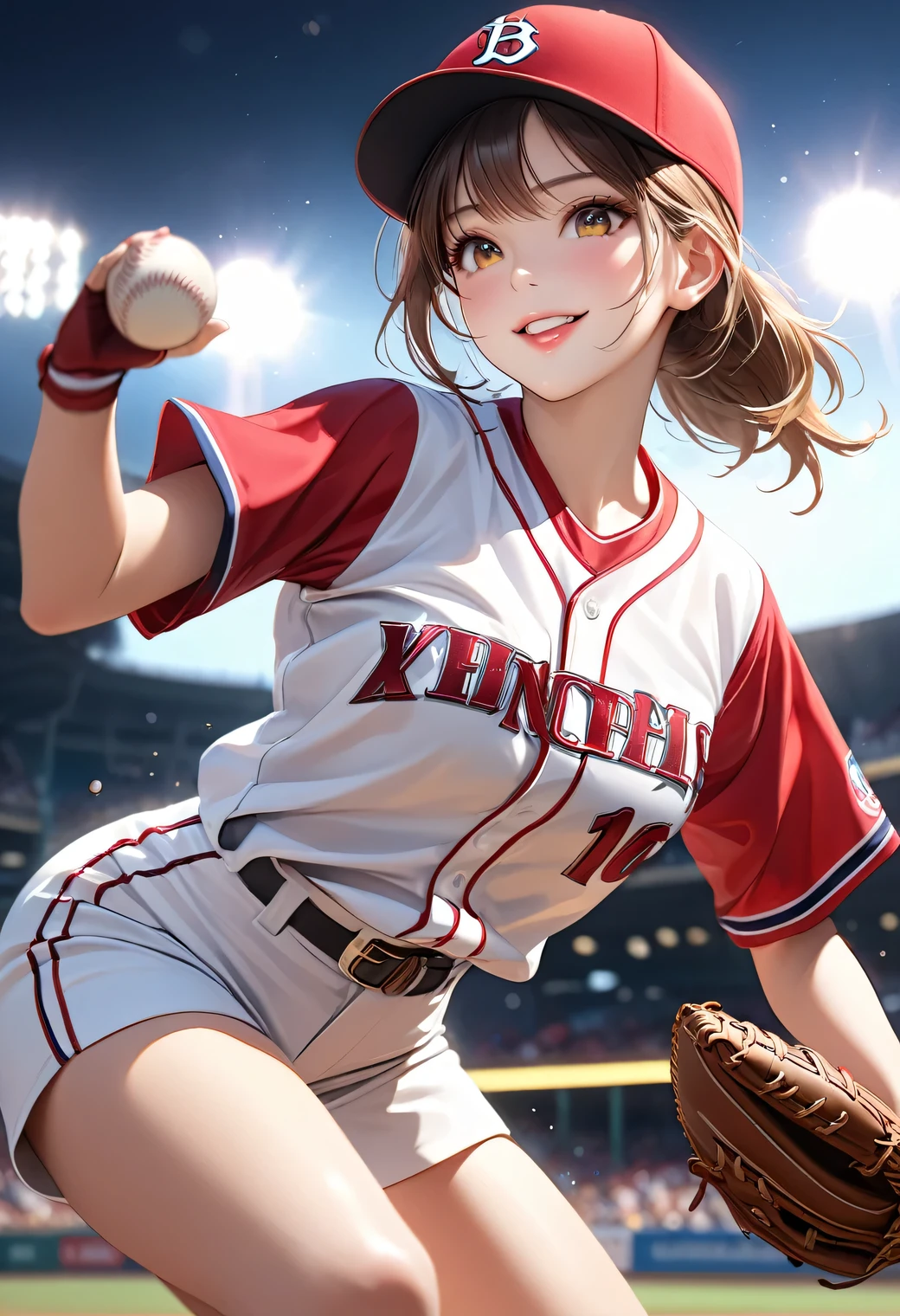 at  baseball stadium, beautiful cute girl baseball player, in gorgeous and cute baseball uniform, short shorts, medium breasts, pitcher throwing dynamically on the pitcher's mound:1.2, detailed dynamic pitching form, detailed baseball glove and pitcher's plate:1.2, smug face, beautiful detailed eyes, beautiful detailed lips, extremely detailed face, long eyelashes, enthusiastic support from the audience , (highest quality,16k,highres,masterpiece:1.2),ultra-detailed,(ultra-realistic,photo-realistic:1.37),HDR,UHD,studio lighting,ultra-fine painting,sharp focus,physically-based rendering,extreme detail description,professional,vivid colors,bokeh,sports photography,dynamic action,dramatic lighting, 