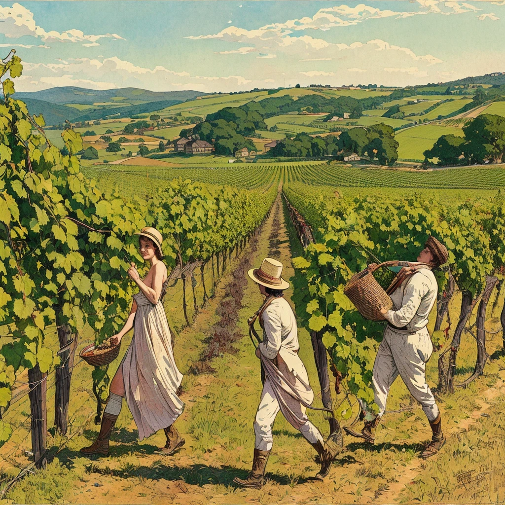 full body view, naked shaved rural saxones man and woman work in Vineyard on hill, Andrew Loomis style, Masterpiece work of art, highly detailed linework reminiscent of Carne Griffiths, imbued with Wadim Kashim's bold color and texture, light and airy as Carl Larsson's compositions, featuring Pascal Blanche-style hyper-realistic characte