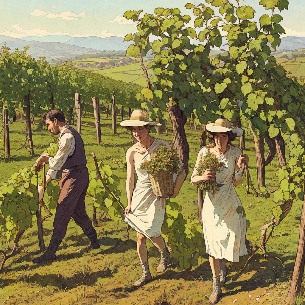 visão de corpo inteiro, saxões rurais raspados nus, homem e mulher trabalham em Vineyard on hill, Estilo Andrew Loomis, obra-prima obra de arte, linhas altamente detalhadas que lembram Carne Griffiths, imbuído da cor e textura ousadas de Wadim Kashim, leve e arejado como as composições de Carl Larsson, apresentando personagem hiper-realista no estilo Pascal Blanche