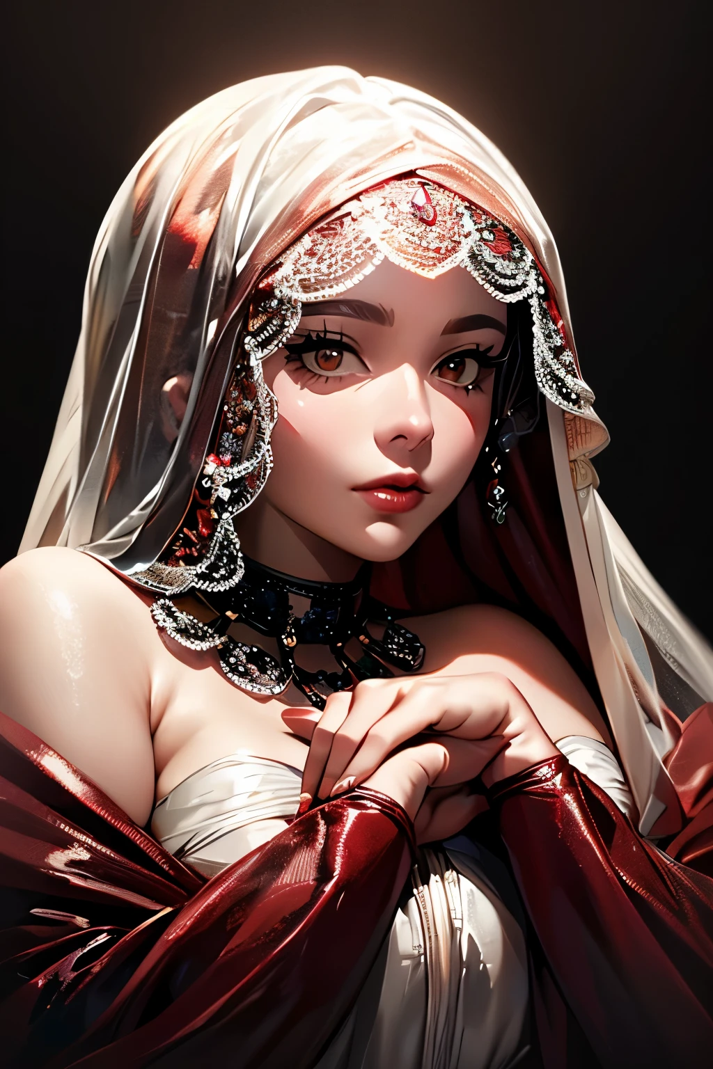 a chubby elegant woman in a white and red veil covering her eyes, fingers on her lips, long silver nails, black background, photo-realistic, high quality, intricate details, oil painting, dramatic lighting, muted colors, mysterious atmosphere