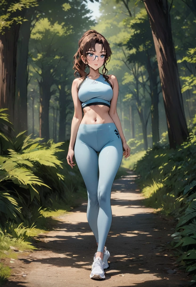 (Highest quality,High resolution,masterpiece:1.2),Outdoor,Light blue yoga pants,Beautiful woman,Modern,Natural scenery,Full Body Shot,Perfect figure,Forest Path,Brown Hair,Girl with glasses