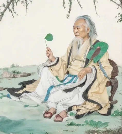 an old chinese man sitting on a grass field, daoist, taoist master,  wearing ancient chinese clothes, holding lotus pod, a fan m...