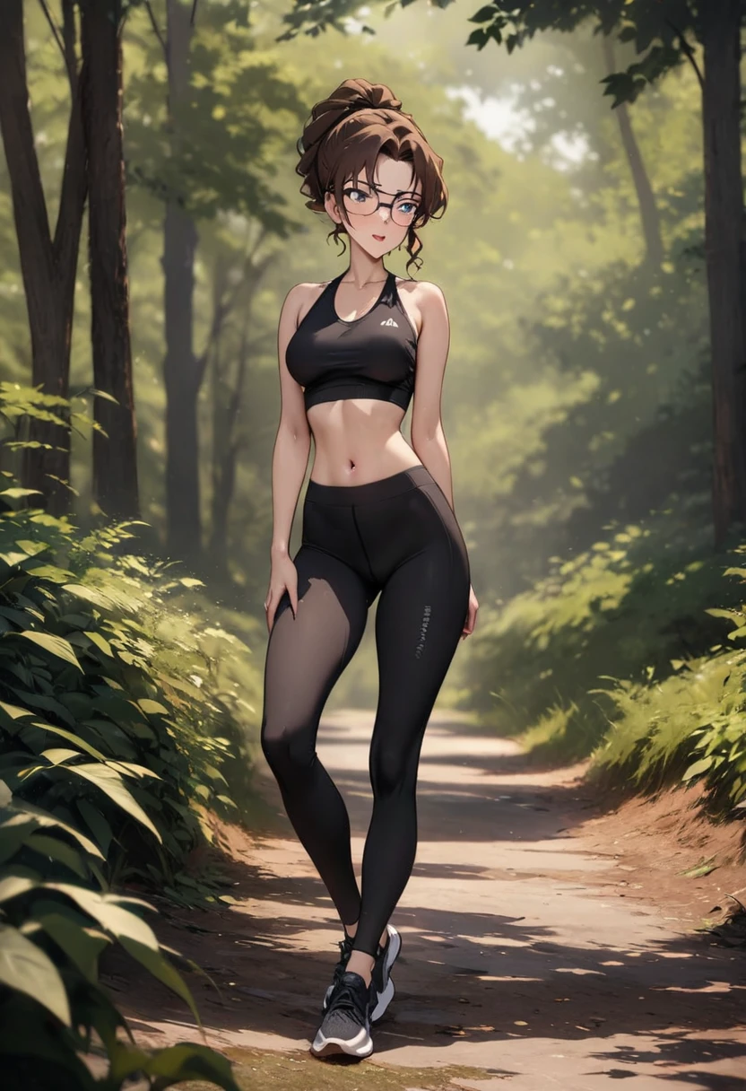 (Highest quality,High resolution,masterpiece:1.2),Outdoor,Hair tied up、Yoga pants,Beautiful woman,Modern,Natural scenery,Full Body Shot,Perfect figure,Forest Path,Brown Hair,Girl with glasses,A lustful look:1.1,nsfw:1.5