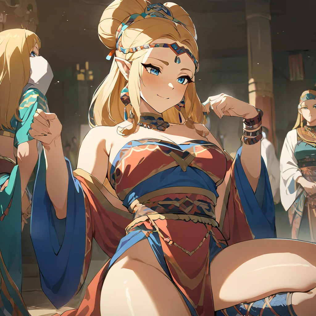 ((Highest quality)), ((masterpiece)), (detailed), （Perfect Face）、The woman is Queen Zelda of the Gerudo tribe, blonde with blue eyes.、The woman is wearing the sexy, see-through traditional costume of the Gerudo tribe.、The woman happily devotes herself to serving her beloved King Ganondorf with all her heart and soul.