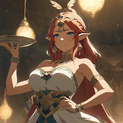 ((Highest quality)), ((masterpiece)), (detailed), （Perfect Face）、The woman is Queen Zelda of the Gerudo tribe, with red hair, bl...