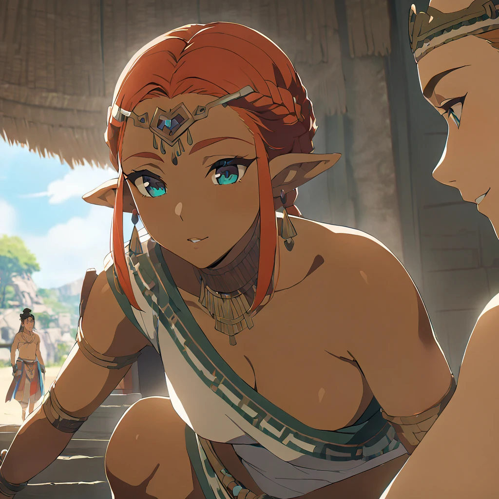 ((Highest quality)), ((masterpiece)), (detailed), （Perfect Face）、The woman is Queen Zelda of the Gerudo tribe, with red hair, blue eyes and brown skin.、The woman is wearing the sexy, see-through traditional costume of the Gerudo tribe.、The woman happily devotes herself to serving her beloved King Ganondorf with all her heart and soul.