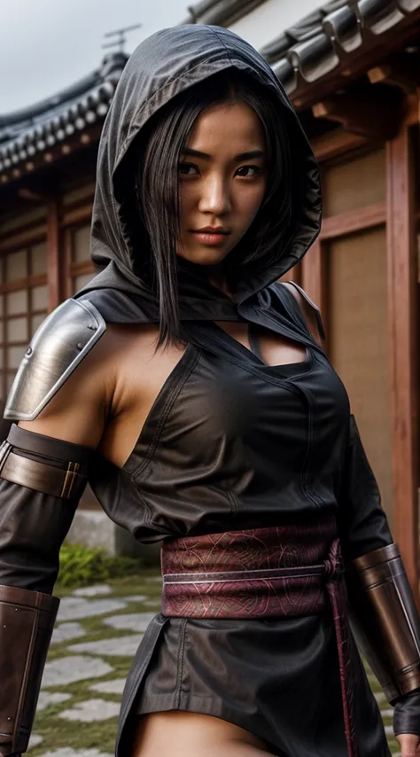 female shinobi with shoulder armor, asian, long black hair, brown eyes, hooded, fishnets, ninja garb, sakura background, japan