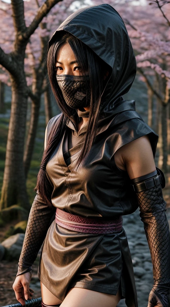 Mujer shinobi con armadura de hombro, asian, pelo largo y negro, Ojos cafés, encapuchado, medias de red, Vestimenta ninja, fondo de sakura, Japón