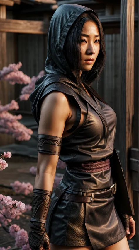 female shinobi with shoulder armor, asian, long black hair, brown eyes, hooded, fishnets, ninja garb, sakura background, japan