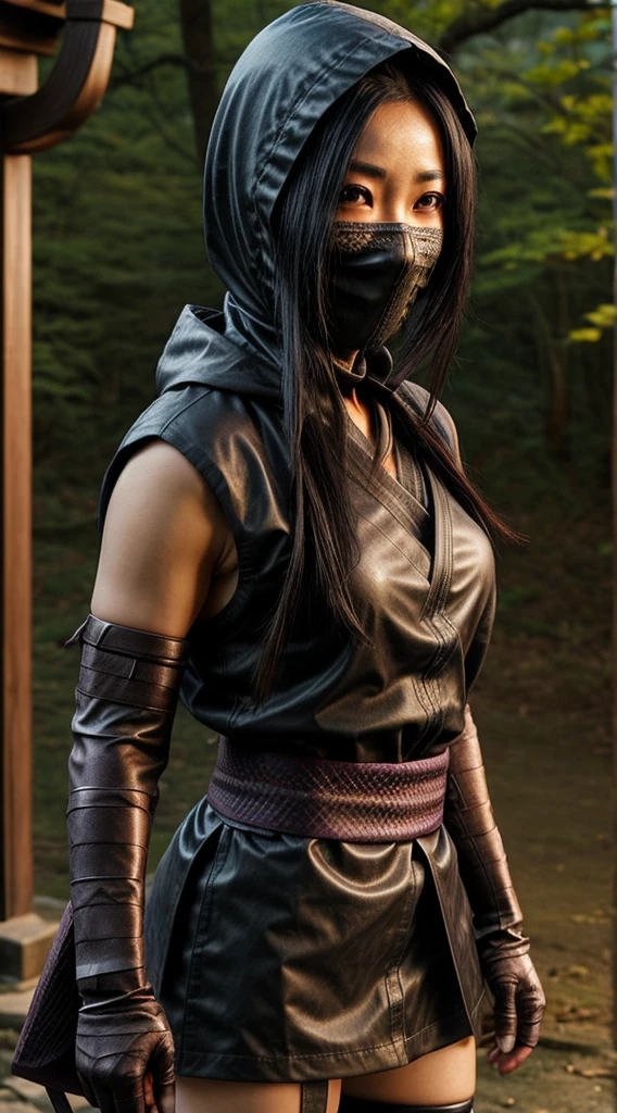 female shinobi with shoulder armor, asian, long black hair, brown eyes, hooded, fishnets, ninja garb, sakura background, japan