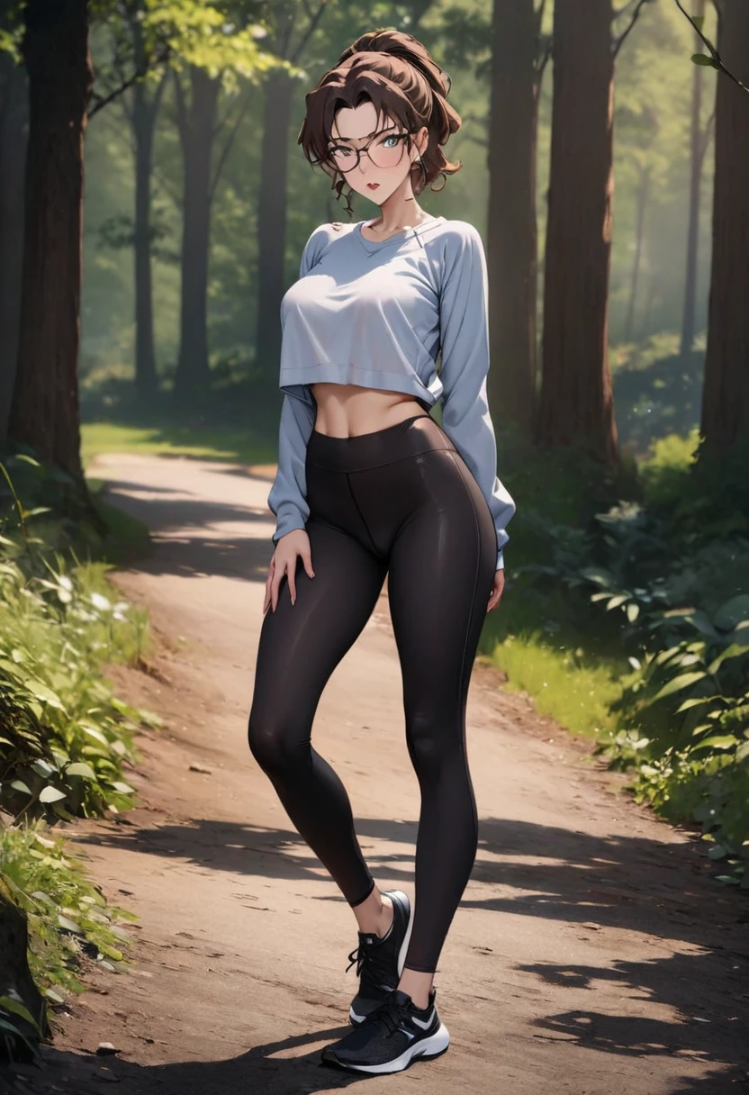 (Highest quality,High resolution,masterpiece:1.2),Outdoor,Hair tied up、Yoga pants,Beautiful woman,Modern,Natural scenery,Full Body Shot,Perfect figure,Forest Path,Brown Hair,Girl with glasses,A lustful look:1.1,nsfw:1.5、Long sleeve