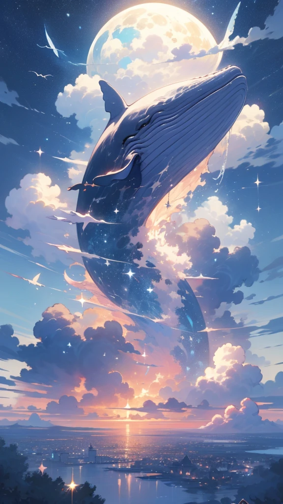 humpback, cloud,(building), sky, moon, Star (sky), scenery, no humans, Starry sky, night, fish, night sky, full moon, cloudy sky, outdoors, fantasy、One Girl,Long Hair