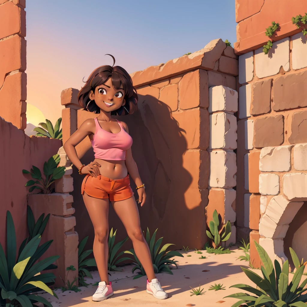 ((masterpiece, best quality)), full body, (solo 0.6), 1 girl, adult, bracelet, (dark skin 0.6), dark brown hair, short hair, brown eyes, sunset, desert ruins, pink top, orange shorts, large breasts, no bra, nipple outline, grinning, sexy