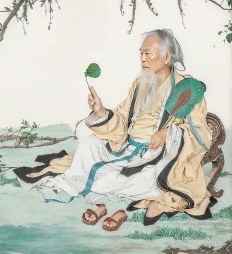 an old chinese man sitting on a grass field, daoist, taoist master,  wearing ancient chinese clothes, holding lotus pod, a fan made of green leaf, slipper on floor, grey riding hoot, 