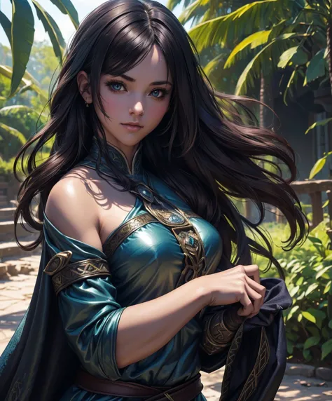 (((Single character image.))) (((1girl))) (((Dressed in medieval fantasy attire.))) (((Solo))) (((Generate a darkly sexy female ...