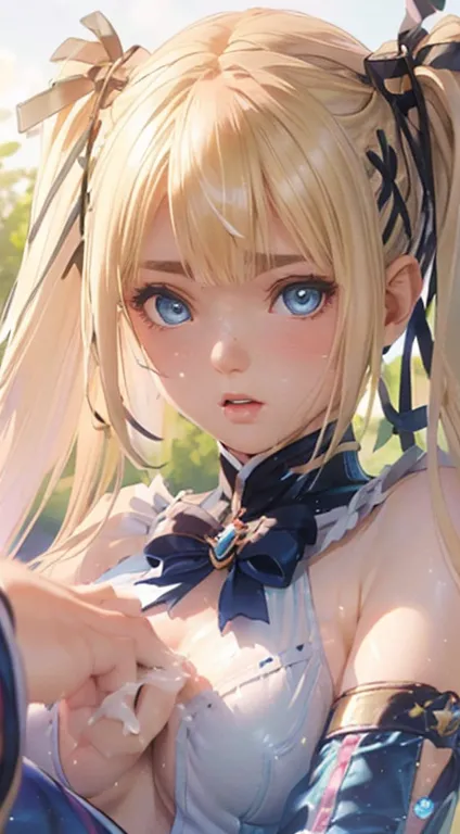 1 female,blonde,12 years old ,((anxious expression)),beautiful breasts,(((sexy magical girl white and blue high-leg bodysuit)))(...