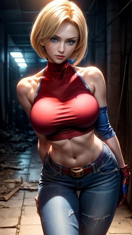 ((dynamic action pose)) ((Sexy, tall and very beautiful Blue Mary from The king of fighters videogame series)) ((big bright blue eyes)) ((badass)) ((short blonde hair)) ((big breasts:1.5)) ((slender body:1.3)) ((wears red cropped, blue gloves, jeans with brown belt))  ((abandoned military base)) ((pale light)) ((high definition:1.5)) ((masterpiece:1.5)) ((8k:1.5)) ((Best quality:1.4)), more_details:-1, more_details:0, more_details:0.5, more_details:1, more_details:1.5, 