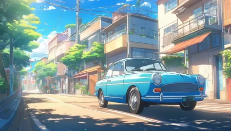 anime scenery of a car driving down a street with a building and a beach in the background, anime background art, summer street ...