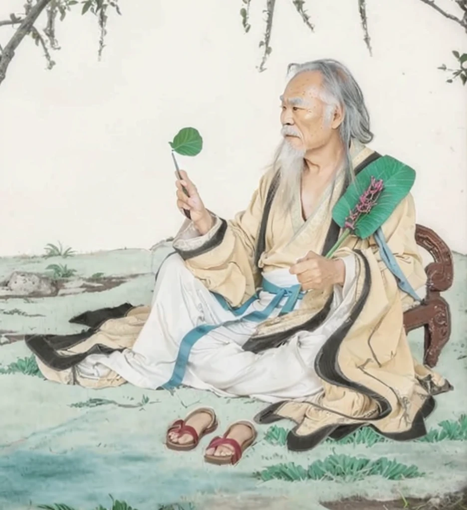 an old chinese man sitting on a grass field, daoist, taoist master,  wearing ancient chinese clothes, Lotus pen in hand, a fan made of green leaf, empoty slipper on the floor, grey riding hoot, 