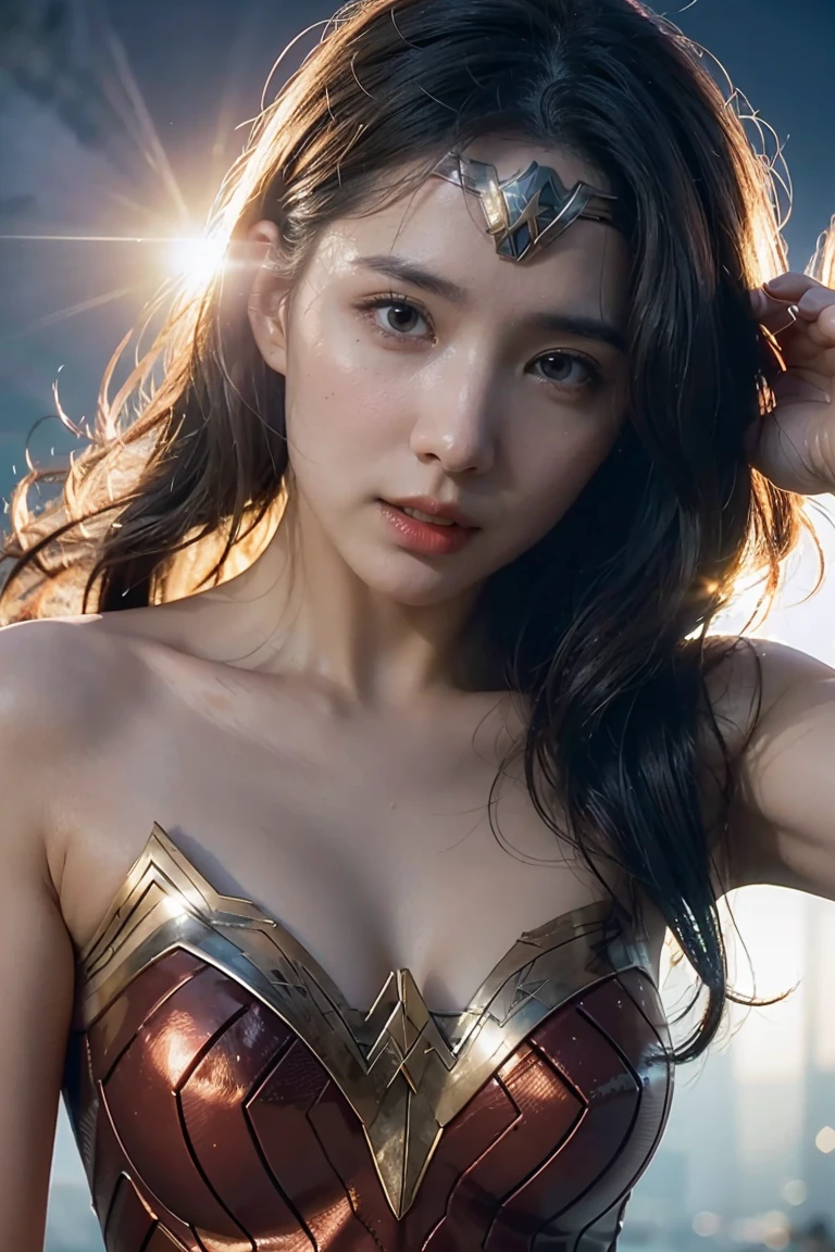 Scene from Movie, Wonder Woman from DC Close-Up, Distorted Space, Distorted Undead in the Background, Lens Flares, Light Shafts, Intricate Details, High Detailed, Volumetric Lighting, 4k Rendering, Stock Photo, Hyper-Realistic, Realistic Textures, Dramatic Lighting, Unreal Engine